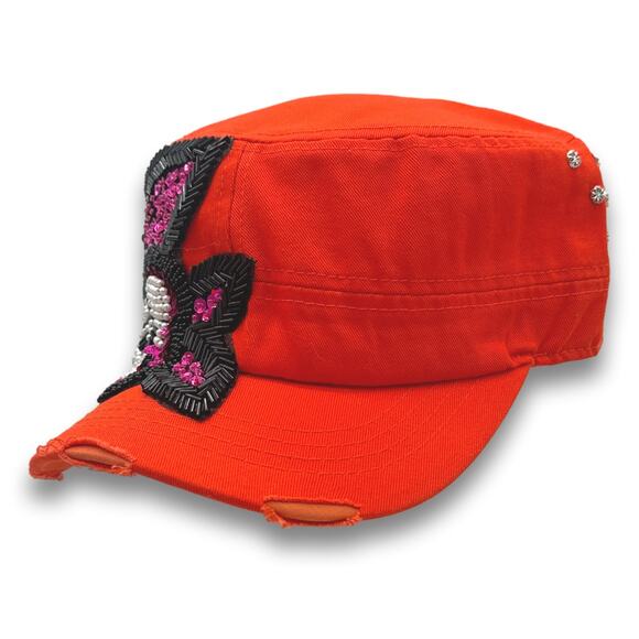 Orange Army Cadet Hat Flower Beaded Sequins Round Top Distressed BDU Castro Cap - Picture 3 of 7
